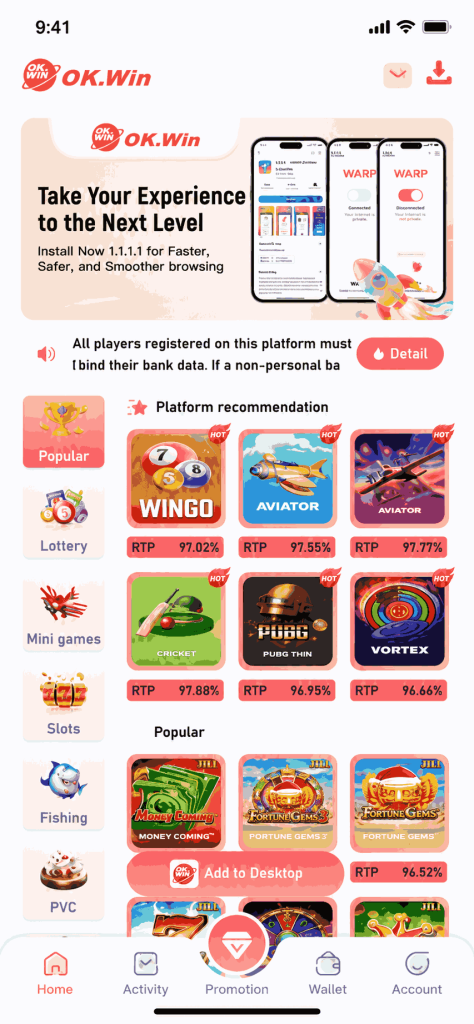 Features of OK Win Game